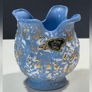 1950s Savoy China 24 Karat Splatter Vase Blue & Gold Planter Mid Century (T41)